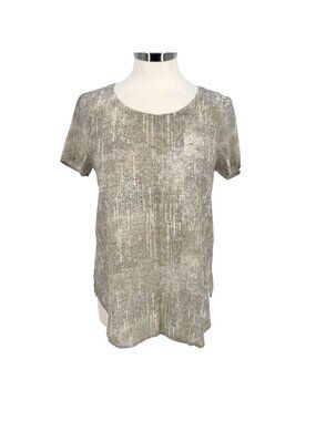 Eileen Fisher Metaphor 100% Silk Short Sleeve Blouse Beige Gray Size Small